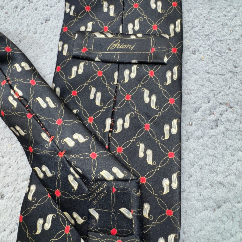 Brioni Tie Black Paisley Neat‎ Geometric Trellis Silk Italy Luxury Designer